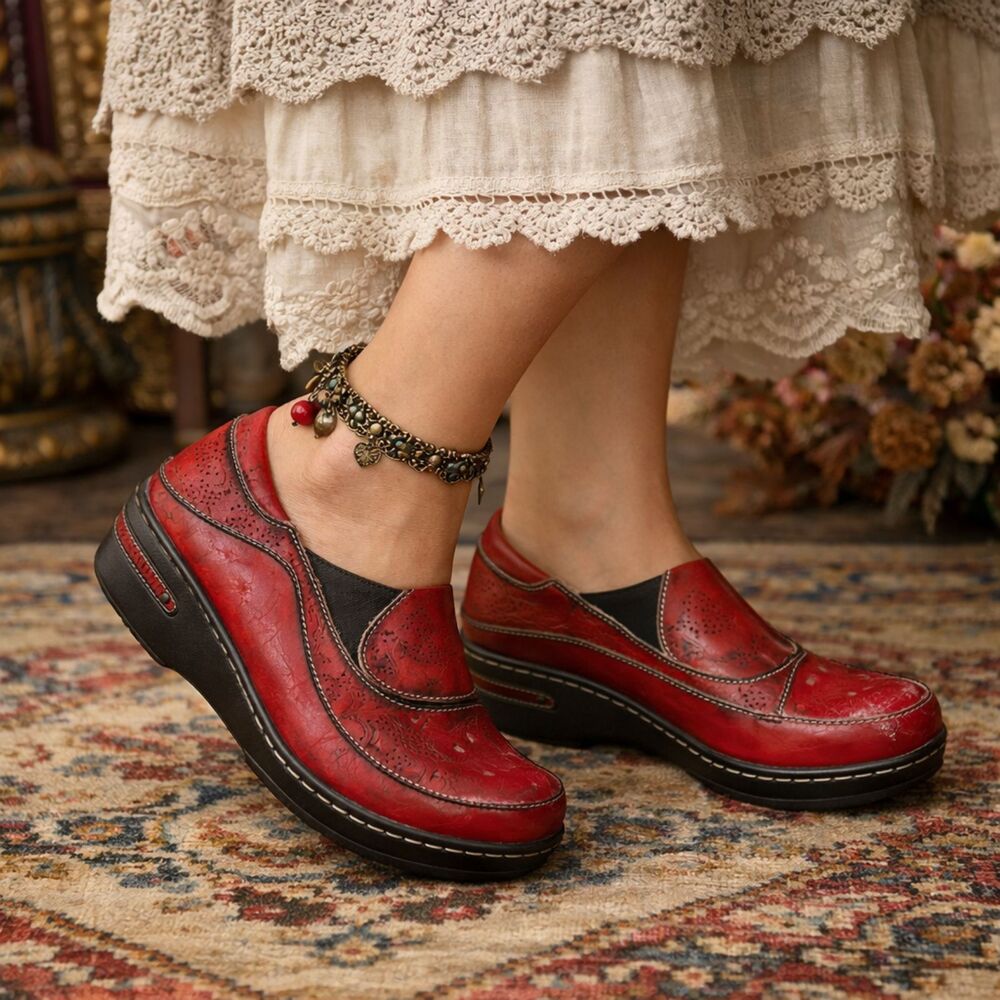 Women’s Red Leather Slip-On Clogs